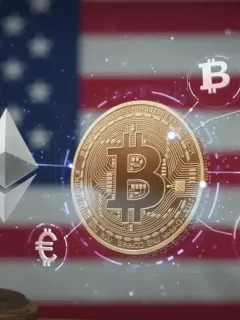 Digital crypto symbols intertwined with SEC documents, representing 2026 regulations for US traders.