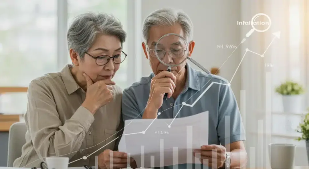 Older couple reviewing retirement savings documents amidst inflation concerns.