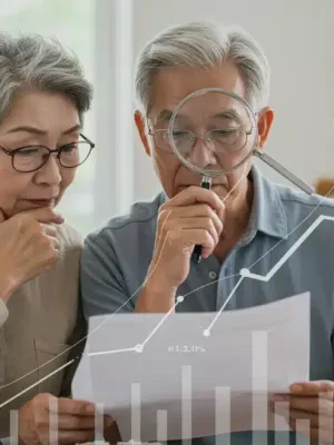 Older couple reviewing retirement savings documents amidst inflation concerns.