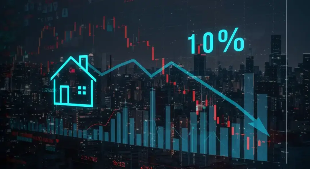 Graph showing a 10% real estate price correction forecast for 2026, with city skyline.