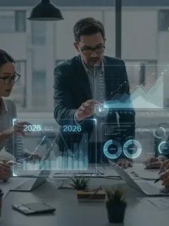 Business professionals analyzing 2026 corporate earnings reports and future growth projections.