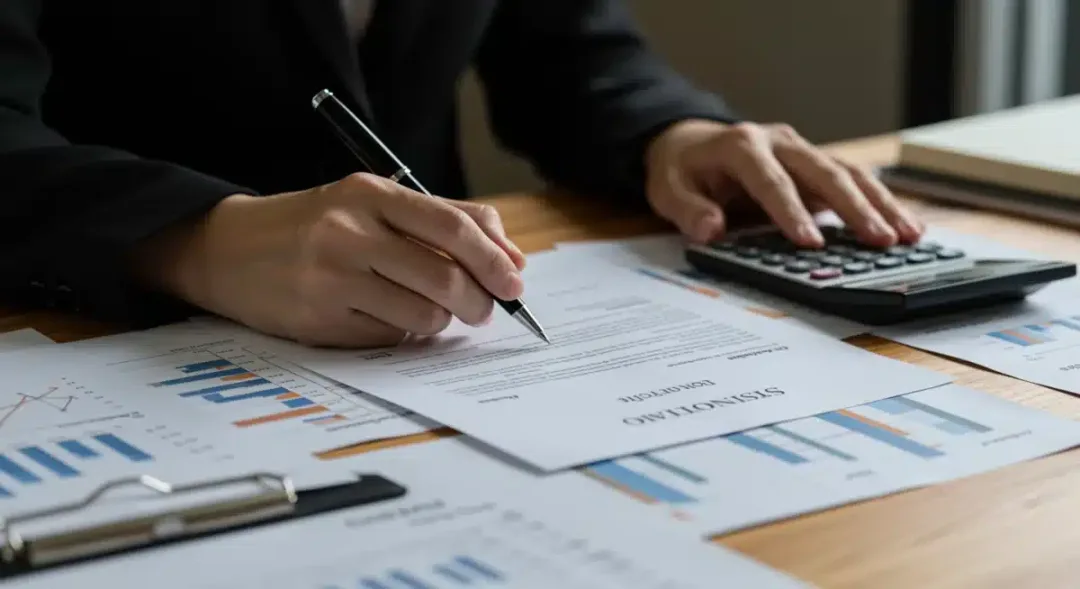 Hands signing a will or trust document with legal papers and a calculator.