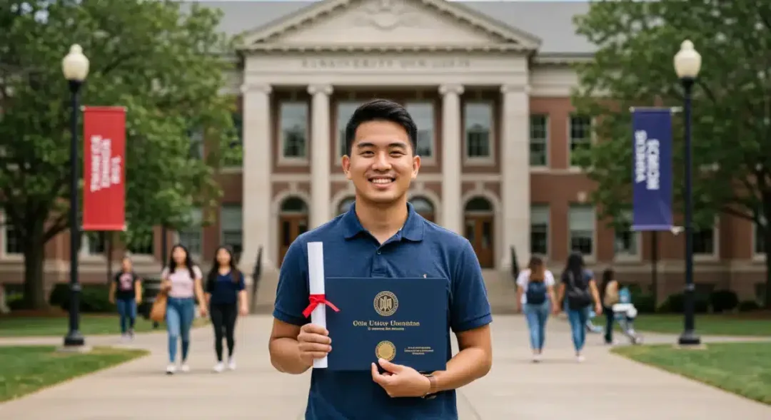 Graduate student holding diploma in front of university building, symbolizing educational achievement.