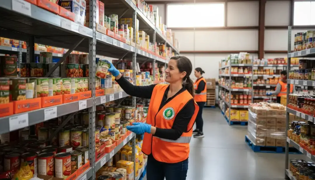 Volunteer sorting food in a well-stocked food bank warehouse