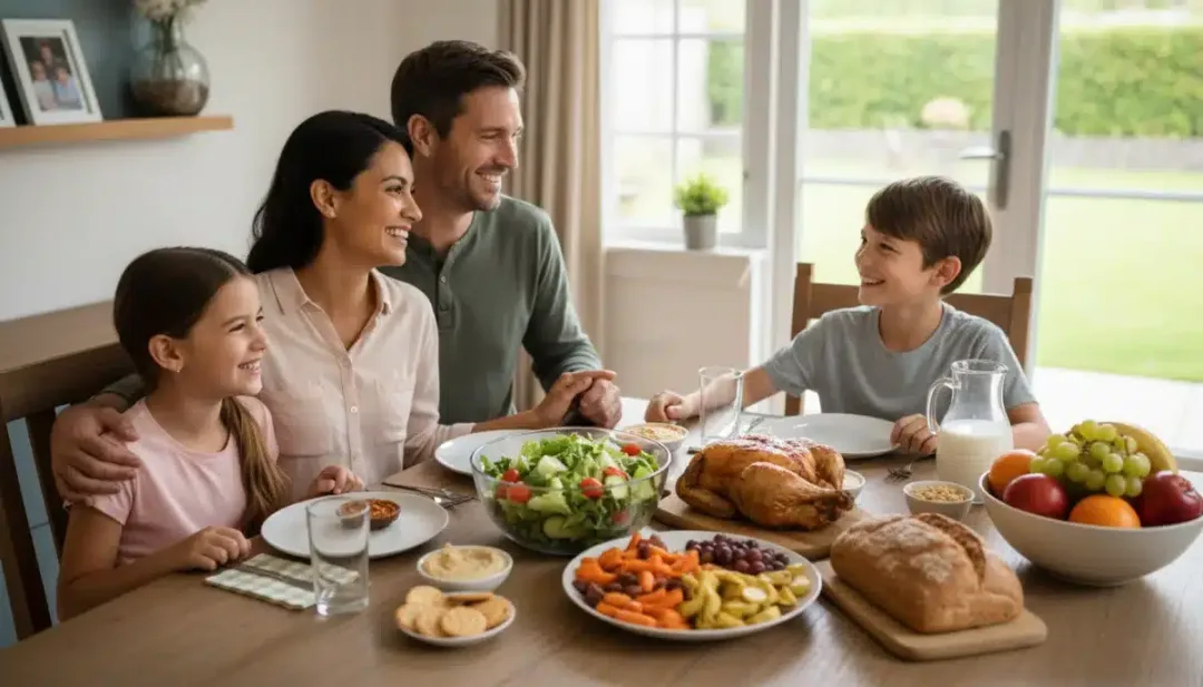 Happy family enjoying a meal at home, supported by food assistance