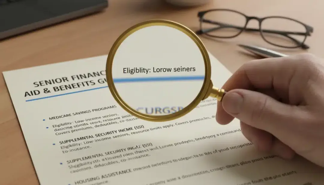 Magnifying glass over financial assistance document for seniors
