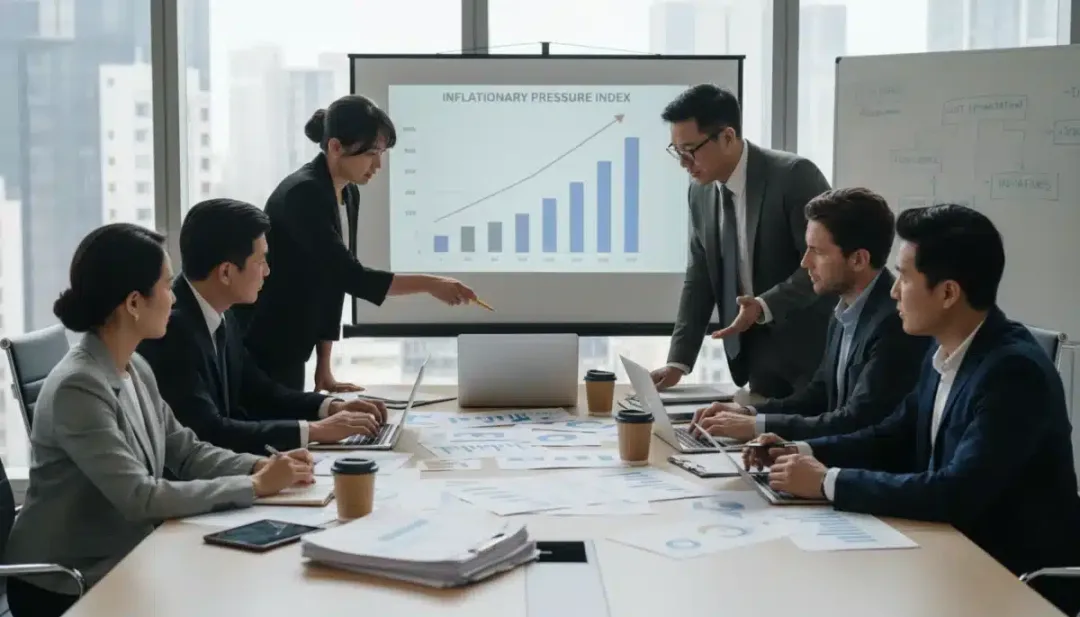 Business professionals strategizing in a meeting, reviewing economic reports.