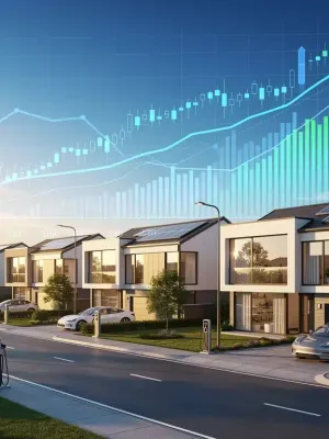 Futuristic suburban homes with financial charts, symbolizing the 2026 housing market forecast