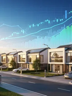 Futuristic suburban homes with financial charts, symbolizing the 2026 housing market forecast