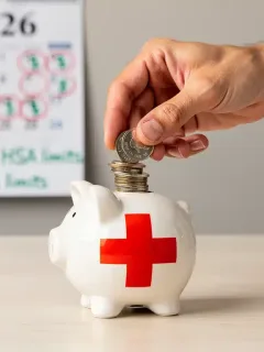 Hand placing coins into a medical cross piggy bank, symbolizing 2026 HSA limits and tax-advantaged savings.