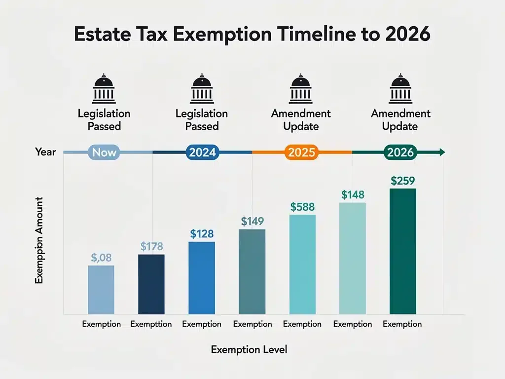 Timeline graphic showing legislative milestones and projected growth of estate tax exemption to 2026.