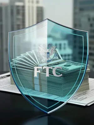 Protective shield over money and documents, symbolizing FTC consumer protection against predatory lending.