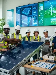 Workers training for green jobs in a modern facility