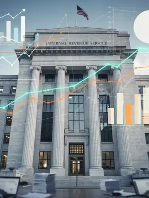 IRS building with financial charts, symbolizing 2026 tax code overhaul and economic impact.
