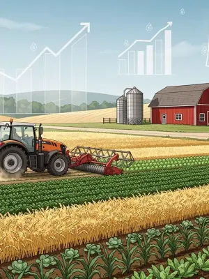 Agricultural landscape with financial data overlays representing Farm Bill 2026 impact