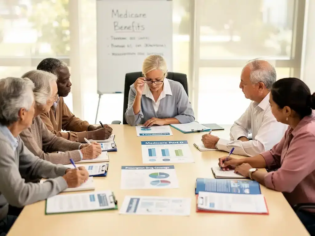 Seniors discussing Medicare Part D benefits with a healthcare advisor