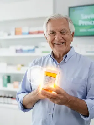 Senior smiling, holding prescription bottle, symbolizing Medicare Part D savings