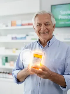 Senior smiling, holding prescription bottle, symbolizing Medicare Part D savings