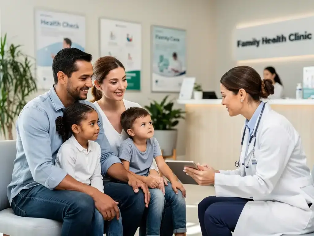 Family consulting healthcare professional about child health coverage.