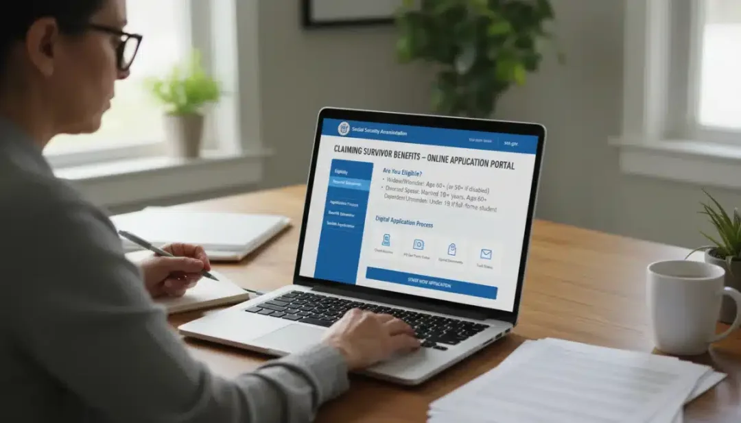 Person applying for 2026 survivors benefits online using a laptop