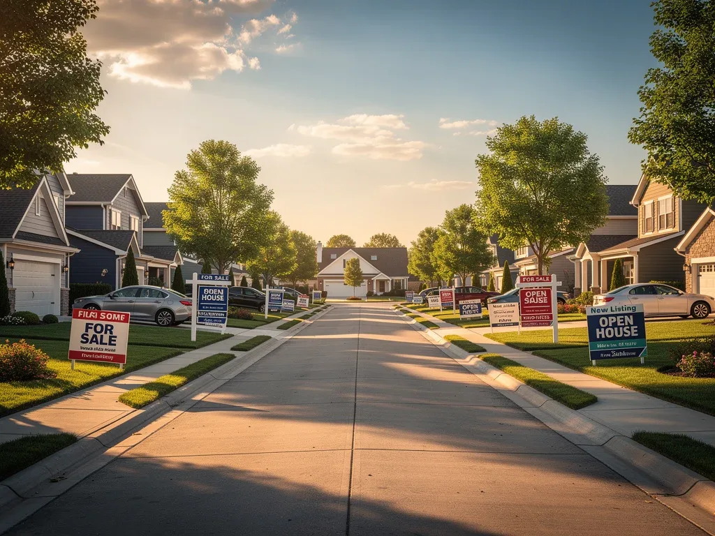 Suburban street with many 'for sale' signs indicating increased housing inventory