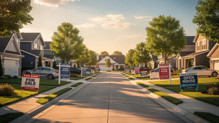 Suburban street with many 'for sale' signs indicating increased housing inventory