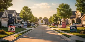 Suburban street with many 'for sale' signs indicating increased housing inventory