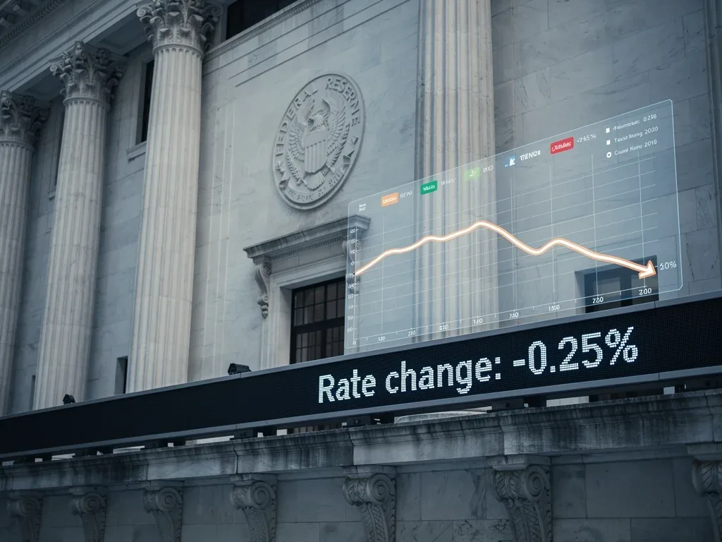 Federal Reserve building with digital display showing interest rate cut and economic trends.