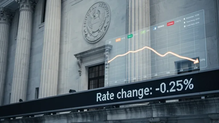 Federal Reserve building with digital display showing interest rate cut and economic trends.