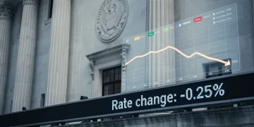 Federal Reserve building with digital display showing interest rate cut and economic trends.