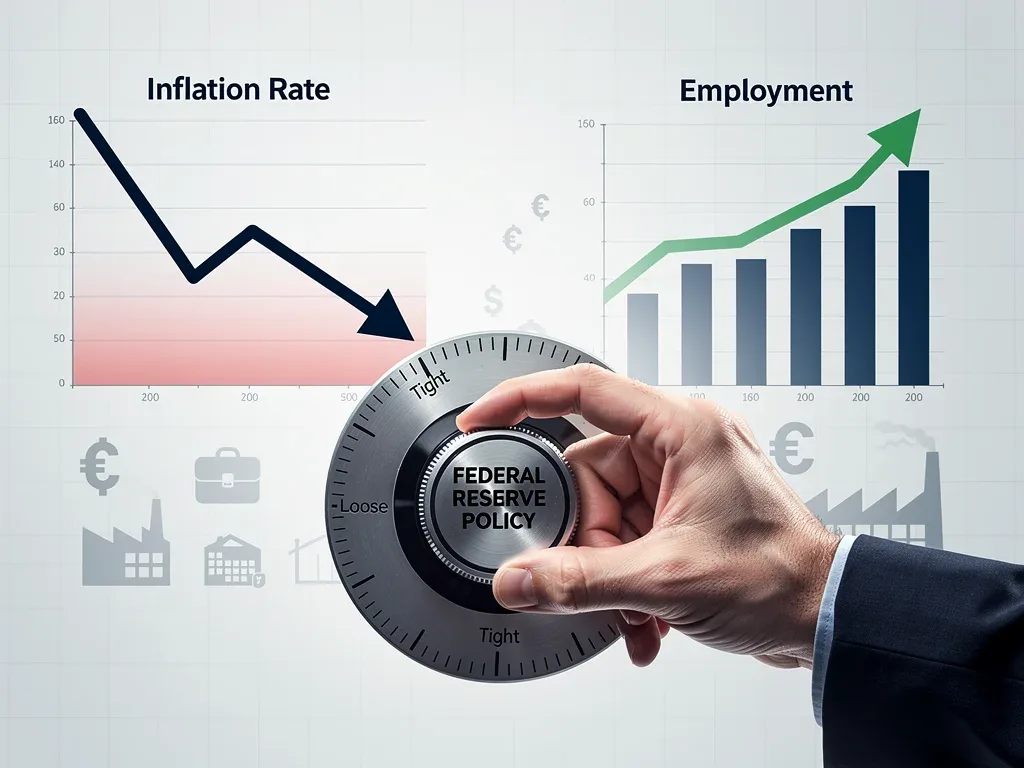 Economic charts showing inflation and employment, with a hand adjusting a monetary policy dial.