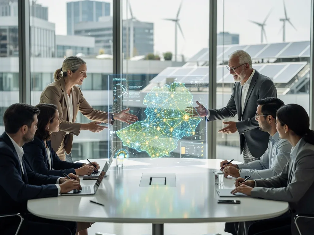 Policy makers discussing future energy grid strategies and collaborations