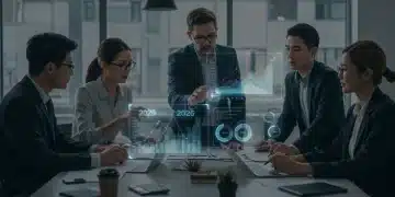 Business professionals analyzing 2026 corporate earnings reports and future growth projections.