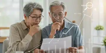 Older couple reviewing retirement savings documents amidst inflation concerns.