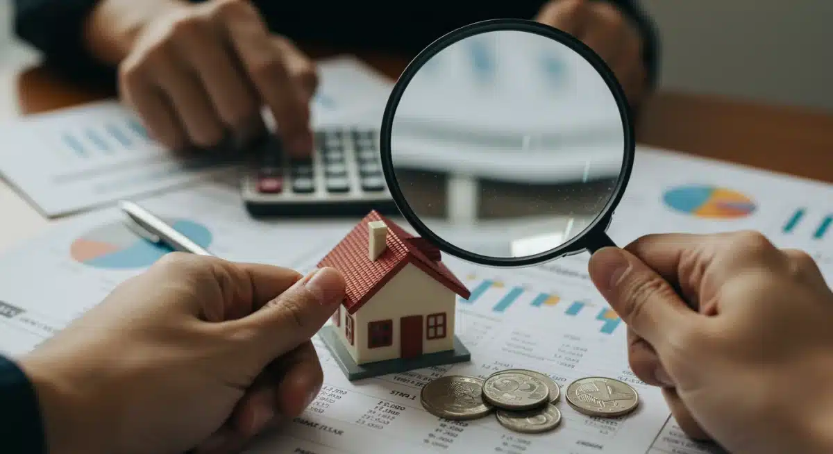Magnifying glass examining a miniature house, symbolizing real estate due diligence.