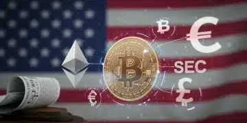 Digital crypto symbols intertwined with SEC documents, representing 2026 regulations for US traders.