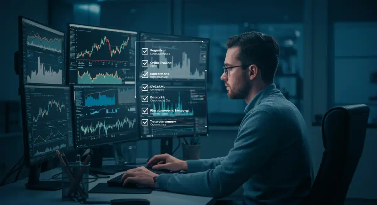 Trader managing crypto investments with a checklist for regulatory compliance and risk management.