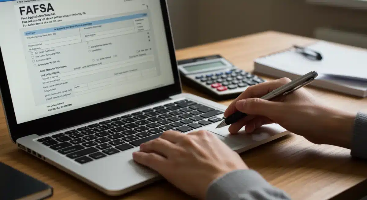 Student completing FAFSA form on a laptop, emphasizing financial aid application process.