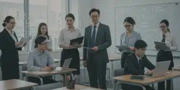 Teachers and students collaborating in a modern classroom, symbolizing policy solutions for teacher shortages.