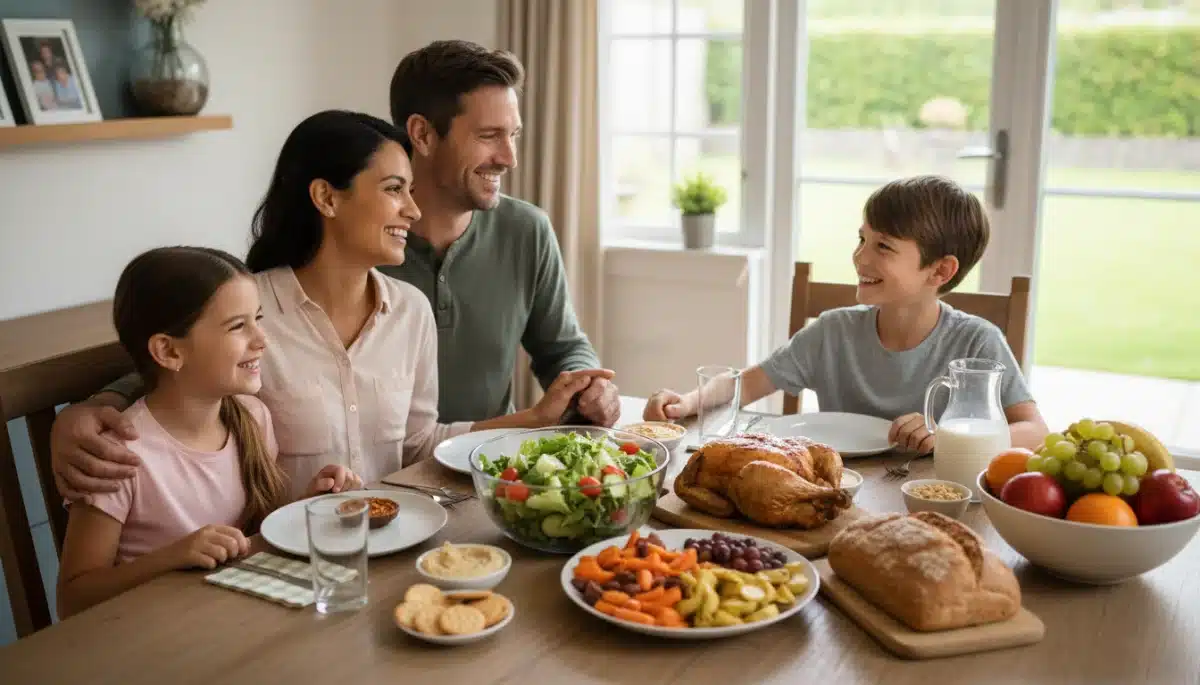 Happy family enjoying a meal at home, supported by food assistance
