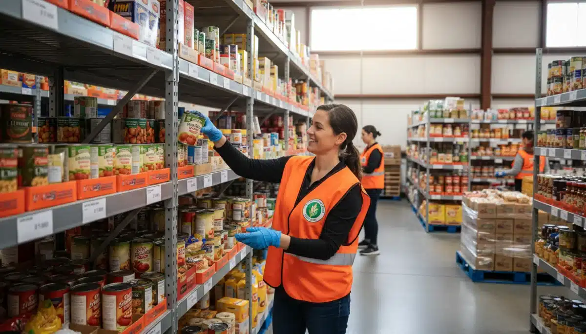Volunteer sorting food in a well-stocked food bank warehouse