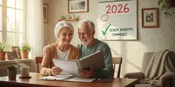 Smiling senior couple reviewing documents for 2026 benefits