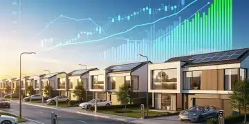 Futuristic suburban homes with financial charts, symbolizing the 2026 housing market forecast