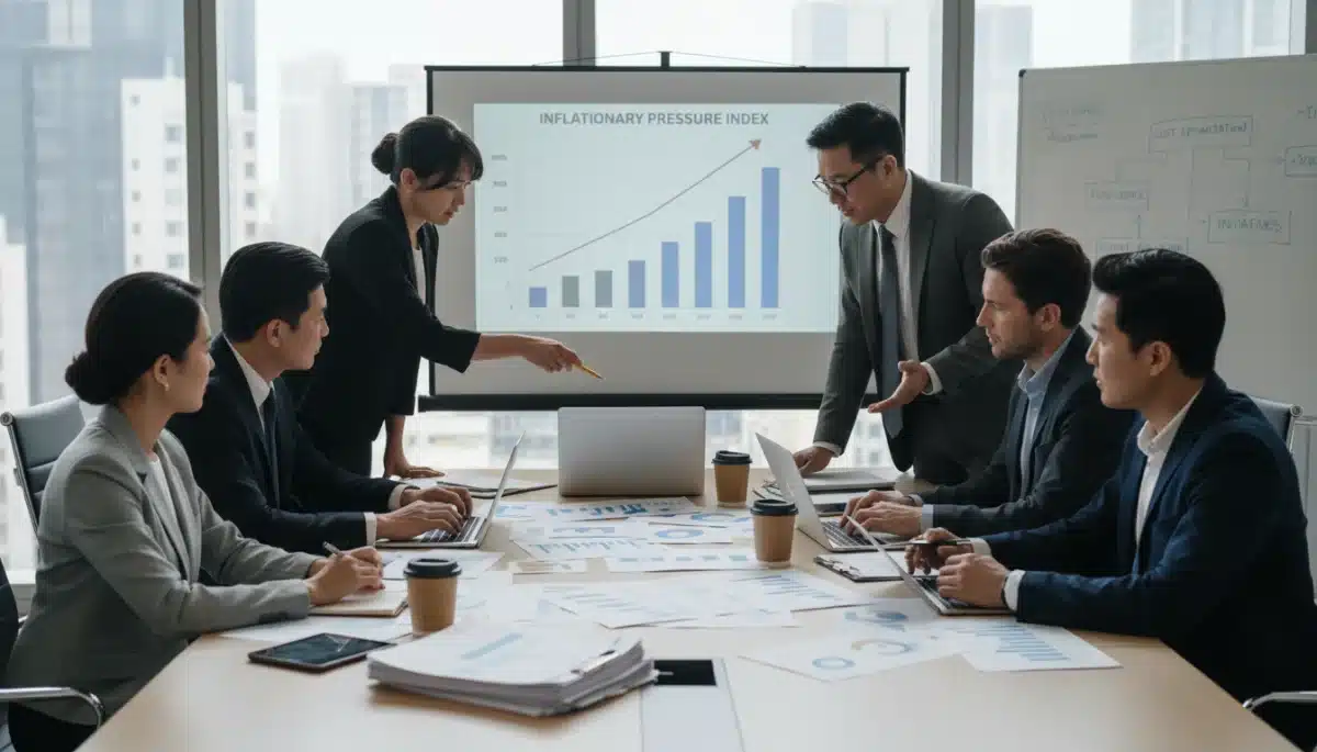 Business professionals strategizing in a meeting, reviewing economic reports.