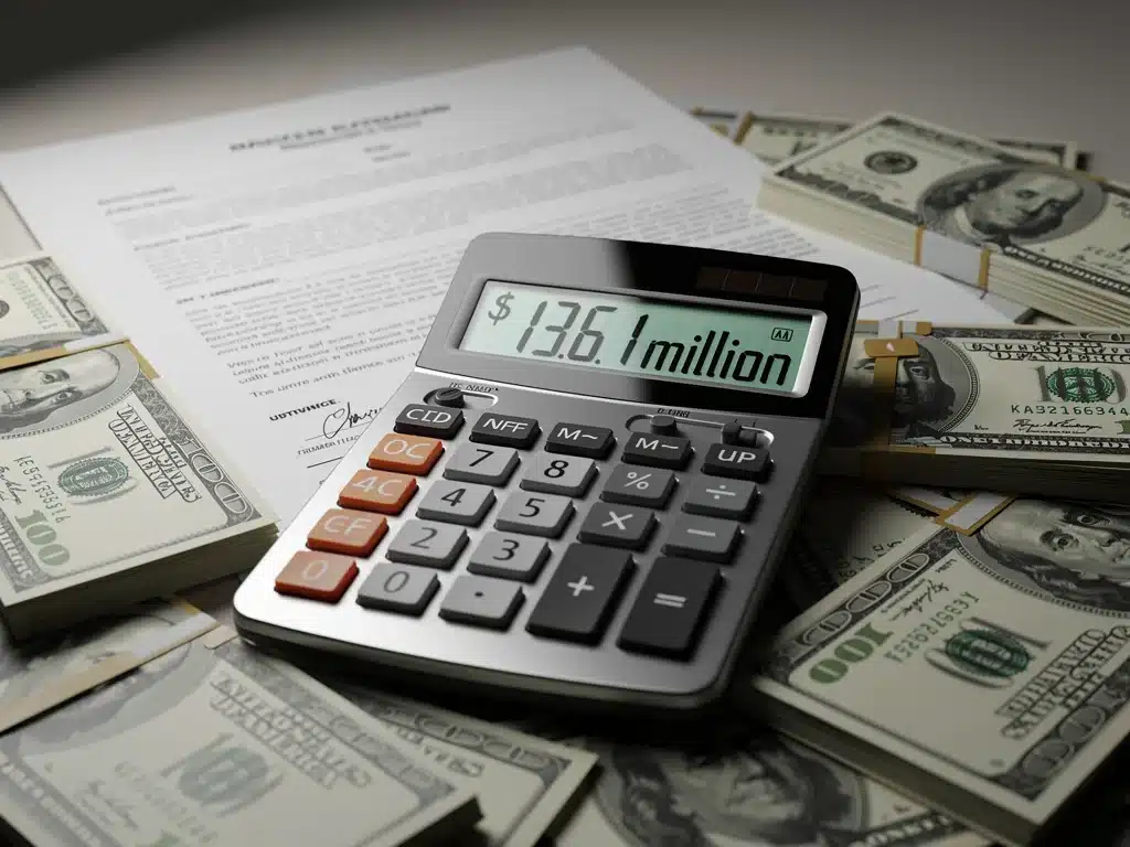 Calculator showing large sum next to legal documents, illustrating estate tax exemption figures.