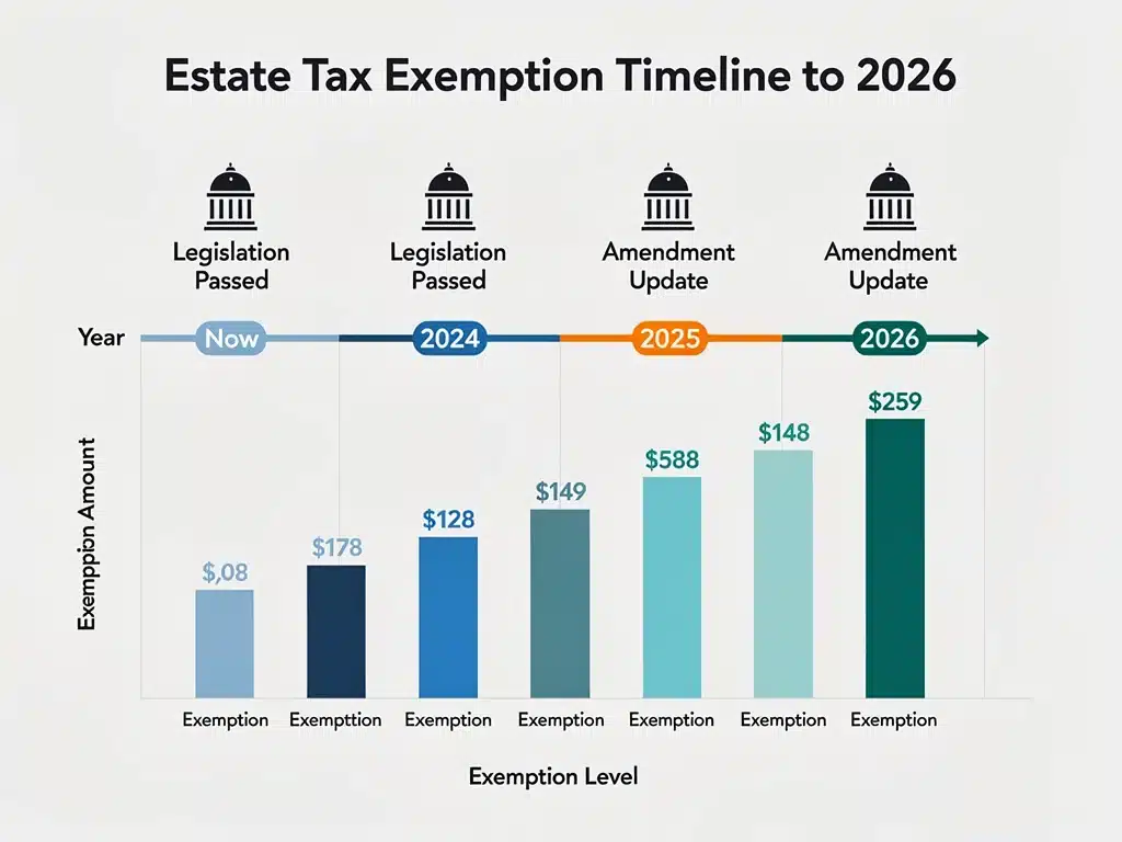 Timeline graphic showing legislative milestones and projected growth of estate tax exemption to 2026.