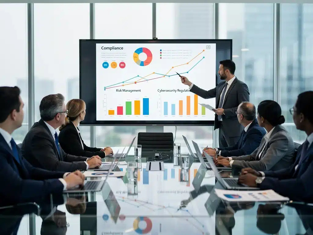 Business team discussing federal data protection mandates compliance strategy.