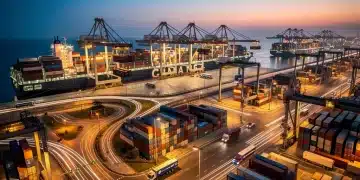 Busy port operations with container ships and cranes, symbolizing US supply chain disruptions