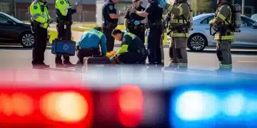 Emergency responders coordinating at a scene with flashing lights, symbolizing new public safety standards.