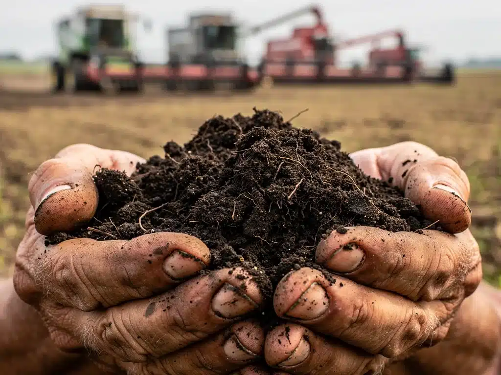 Farmer's hands holding soil, representing direct impact of agricultural policy